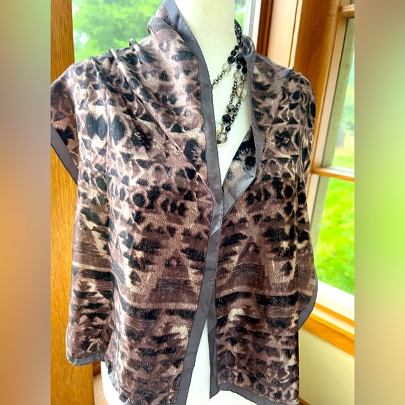 Adrienne Landau Silk Scarf 52” x 11” Geo Animal Print Black Tan - Picture 1 of 4